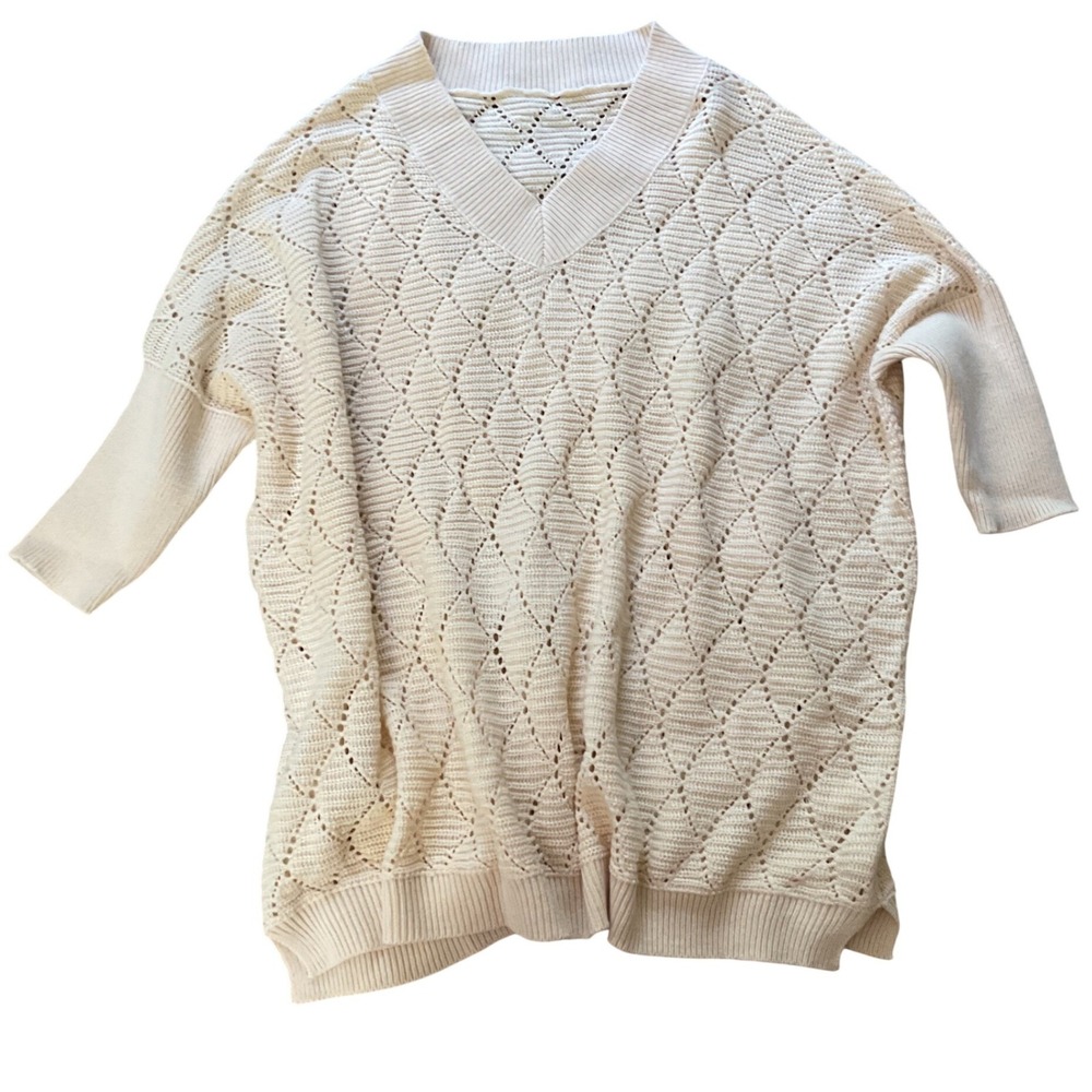 Cream Diamond Pointelle V-Neck Knit Sweater Elbow Sleeve 175354 DN M